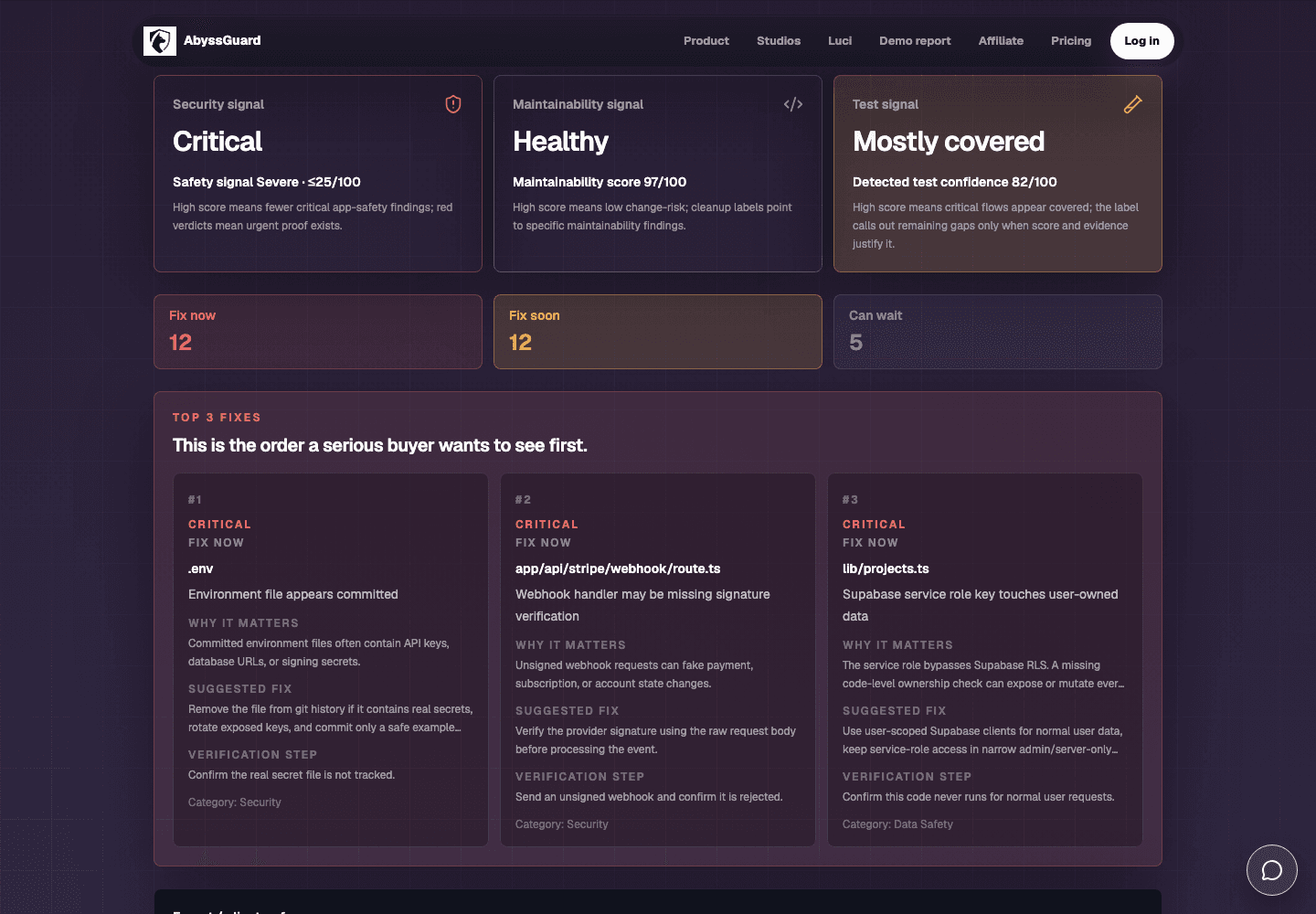 AbyssGuard demo report showing prioritized launch-risk findings and file-level evidence